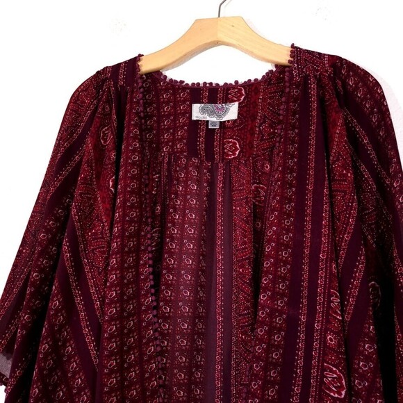 URBAN OUTFITTERS Ecote Boho Pom Pom Chiffon Kimono Cover up Boho Burgundy Red XS - Picture 3 of 8